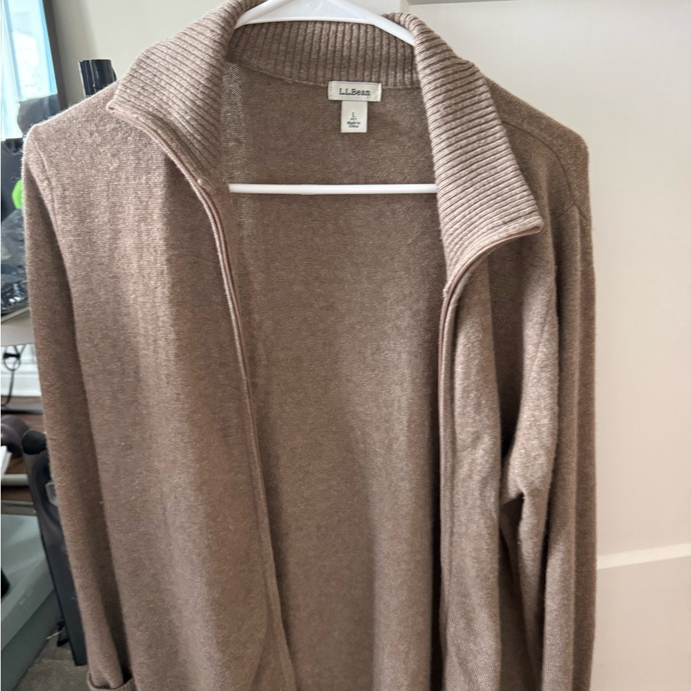 L.L. Bean Women's Taupe/Brown Full-Zip Ribbed Collar Sweater